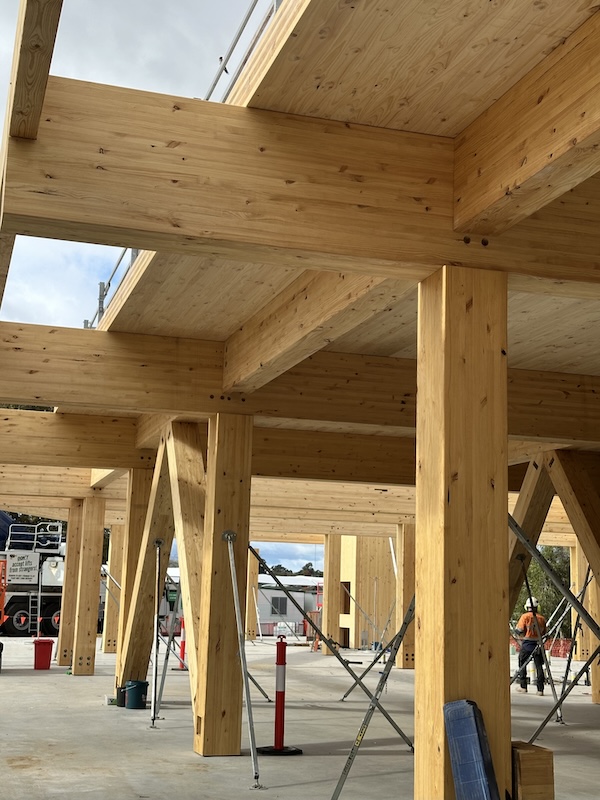 Cross- and glue-laminated timber construction feature promintently in the emerging Limestone Coast Technical College (LCTC). Pic: R&Y